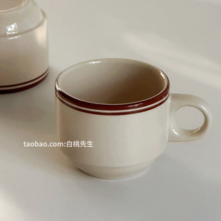 ins风复古棕线条美式 白桃先生 家居陶瓷咖啡杯家用下午茶美剧网红