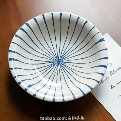 白桃先生 ins简约蓝白荷叶纹射线纹陶瓷泡面碗饭碗餐具好看高级