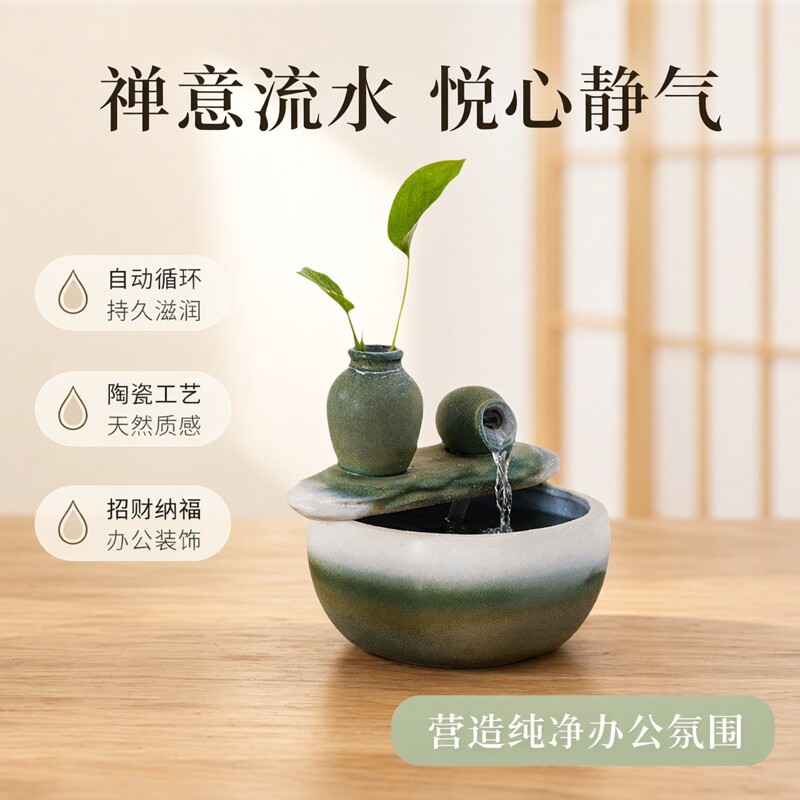 创意陶瓷流水摆件自动循环水办公室桌面加湿器招财客厅装饰