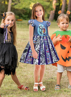 牛奶冰丝39107现货外贸女童裙 圣诞节惊魂夜服装睡衣裙女孩飞飞袖