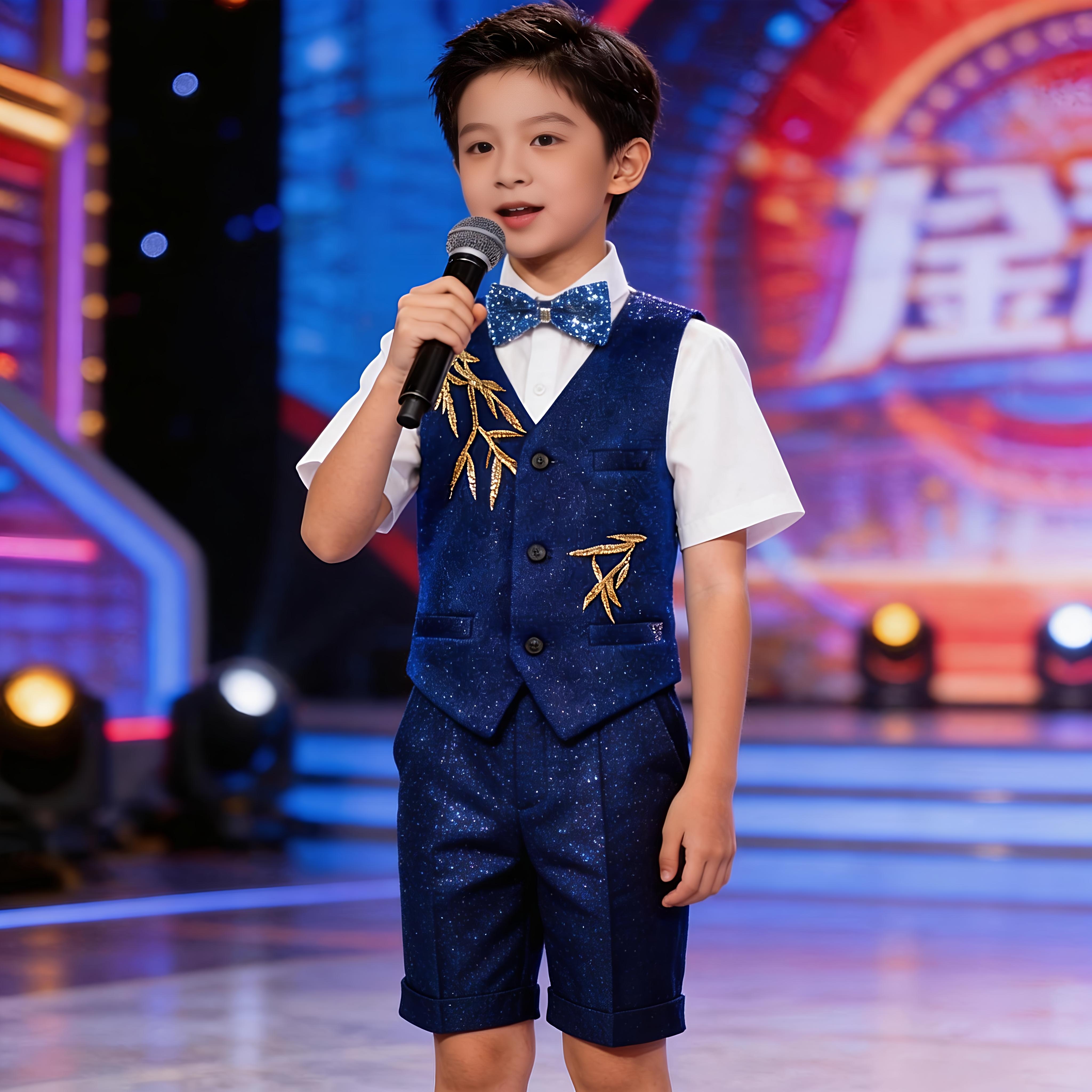 男童西装马甲套装中国风礼服蓝色刺绣亮片钢琴生日晚会主持演出服