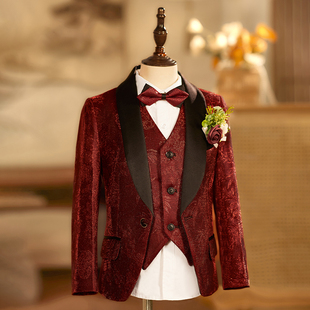 男童西装套装舞台晚会主持人儿童礼服走秀钢琴演出服红色闪亮高端