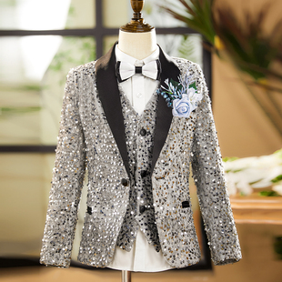男童西装亮片晚会主持人礼服儿童模特走秀潮服银色中大童演出服装