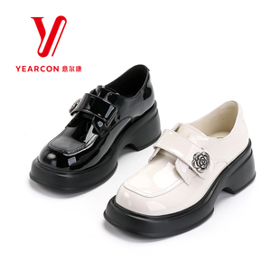 意尔康女鞋2025新款厚底乐福鞋英伦风百搭粗跟单鞋女款黑色小皮鞋