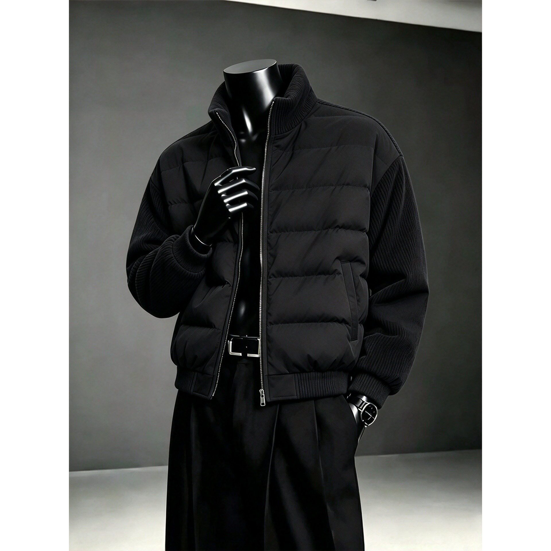 黑色排骨羽绒棉服男士冬季高级痞帅针织拼接厚棉外套短款立领棉衣
