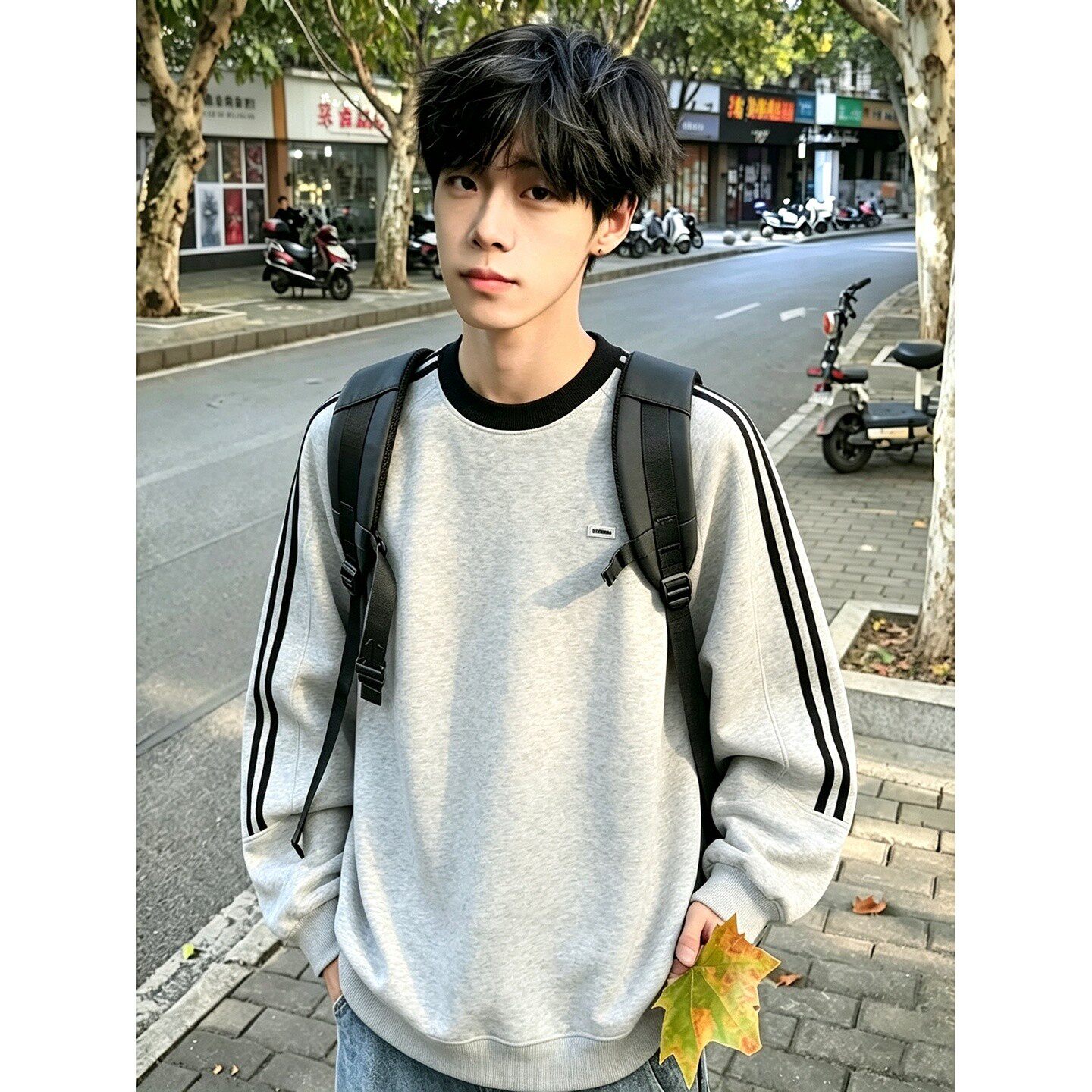 美式少年感绣标圆领卫衣男生秋季条纹撞色正肩t恤学院风长袖上衣
