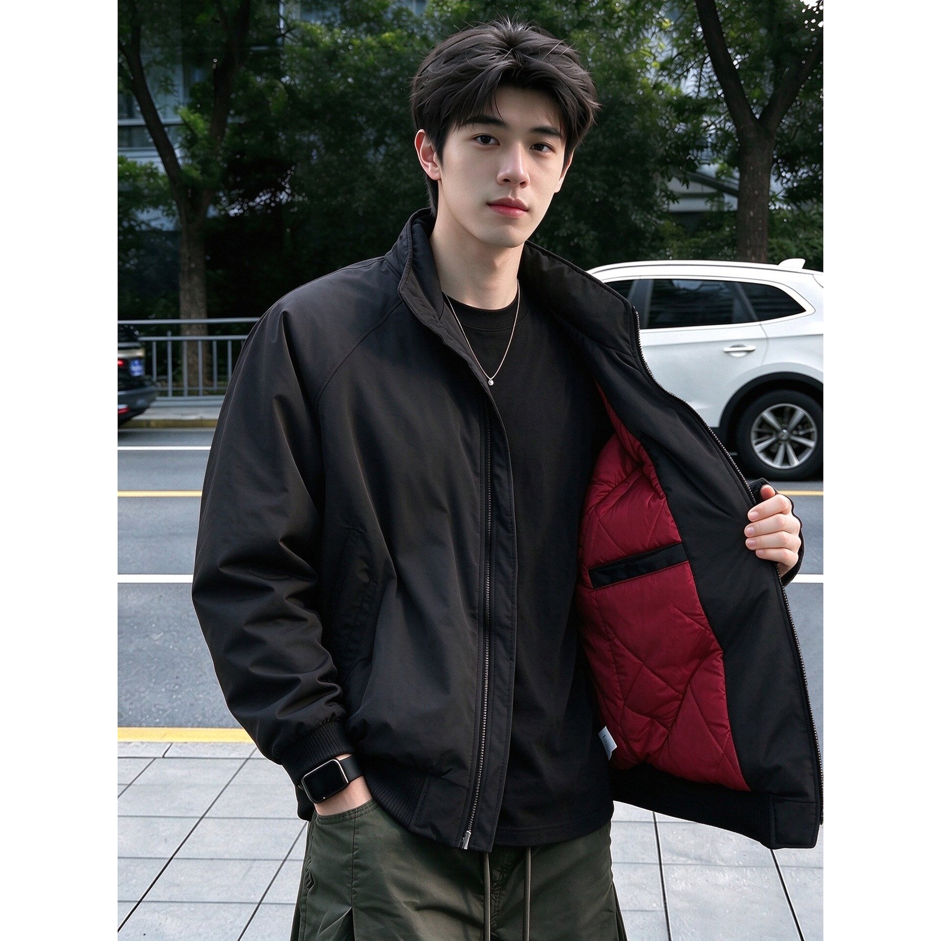 黑红色菱格加棉飞行员夹克棉服男款冬季cleanfit加厚保暖棉衣外套