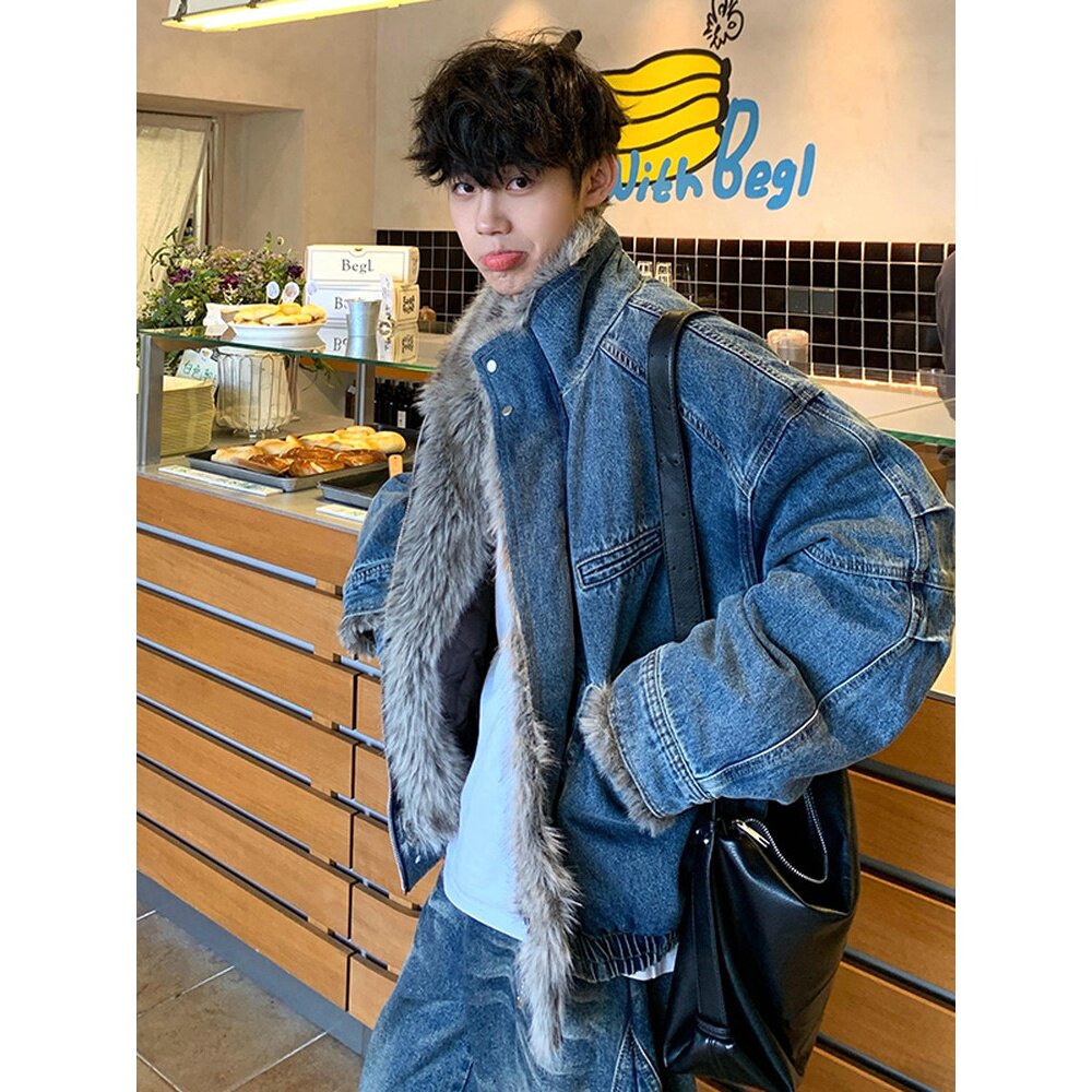 美式牛仔座山雕羽绒棉服外套情侣款复古解构立领加绒加厚棉衣夹克