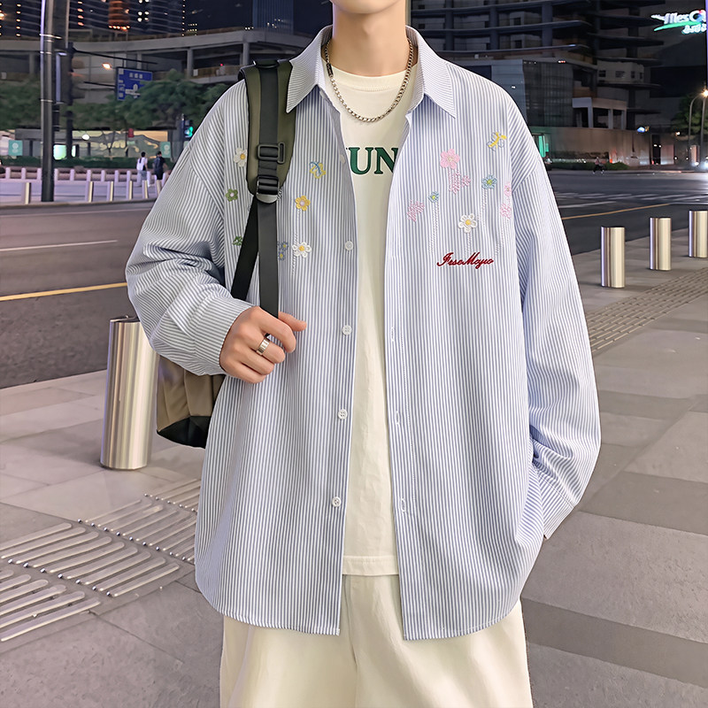 少年感蓝色立体花朵刺绣衬衫男女秋季多巴胺情侣长袖宽松休闲衬衣