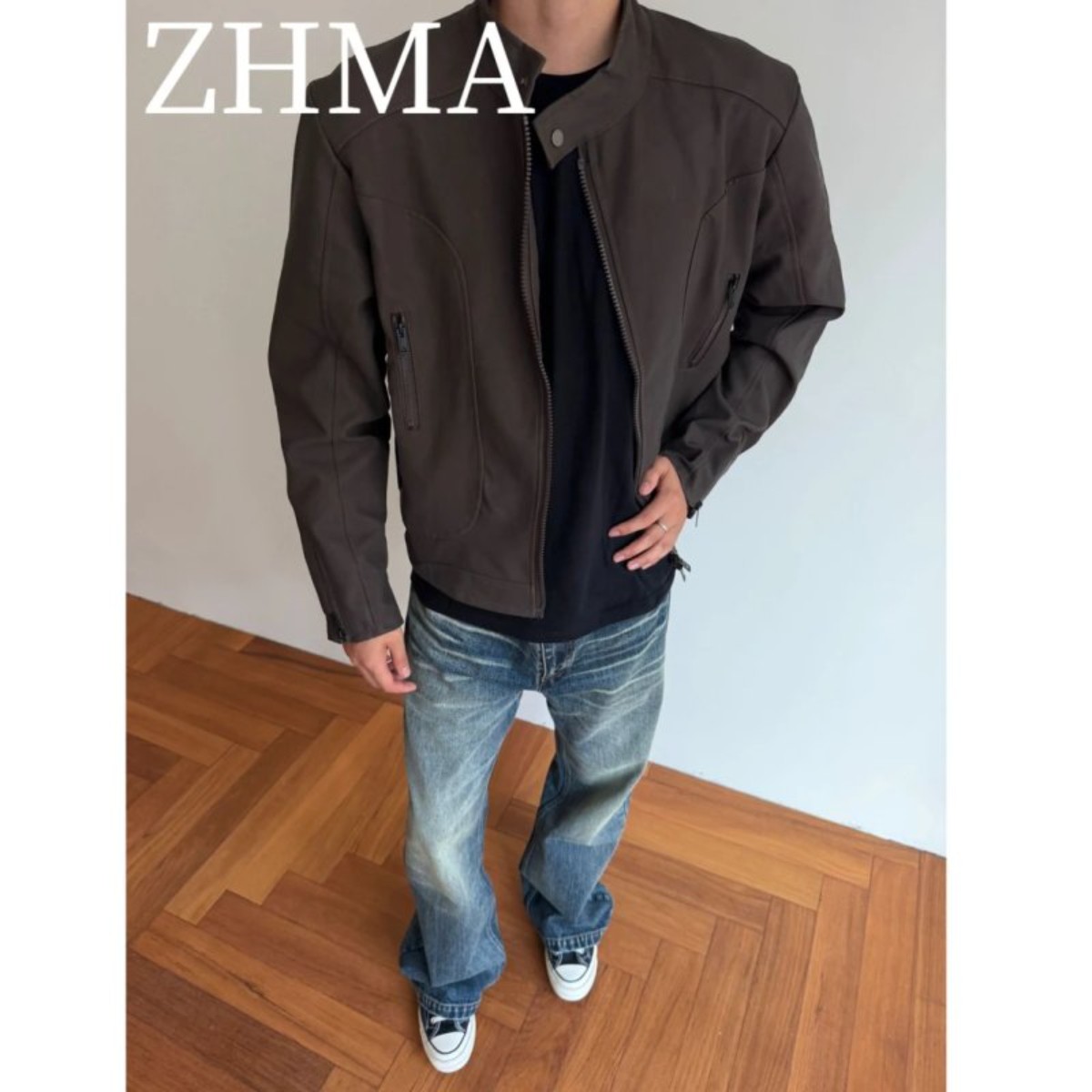 ZHMA重磅猎装复古机车飞行服皮衣夹克正肩拉链男生外套夹克