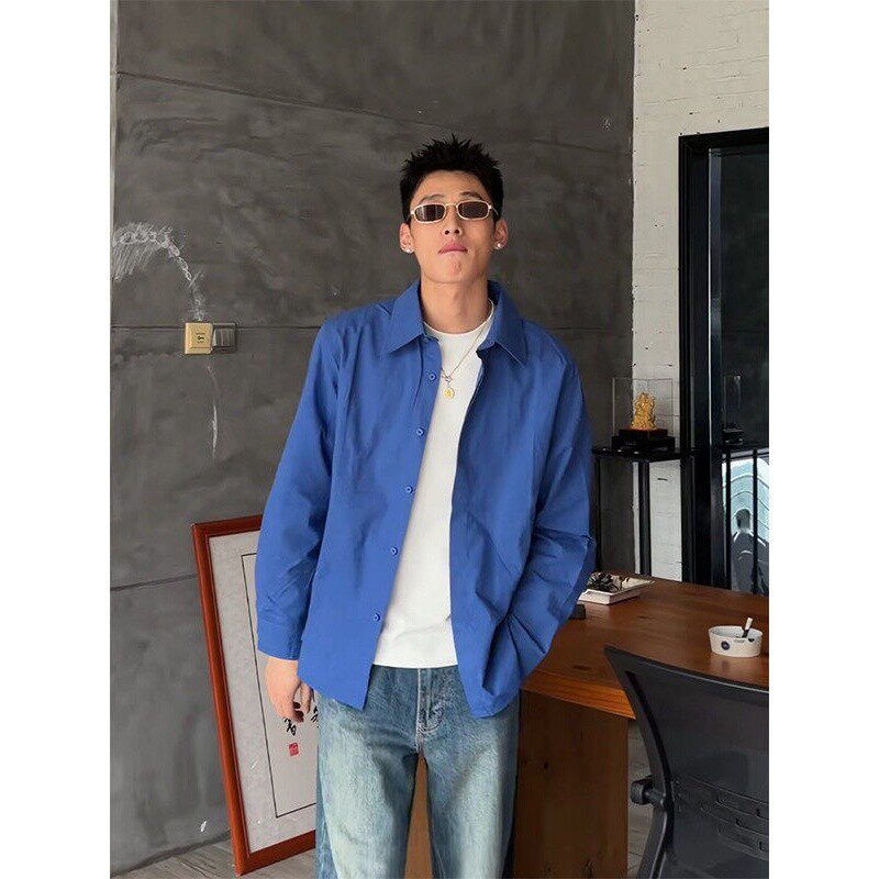 克莱因蓝色清爽翻领长袖衬衫男款早秋日常休闲通勤穿搭衬衣薄外套