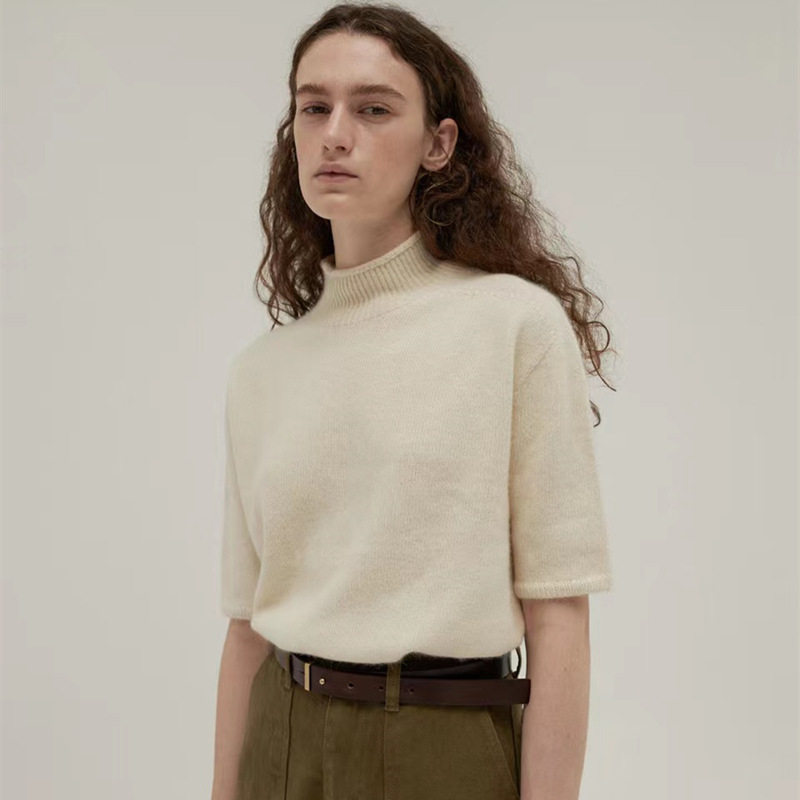 moia毛衣全羊毛针织衫女韩国小众半高领短袖纯色柔软上衣套头街头