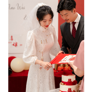改良旗袍敬酒服2023新款夏气质平时可穿白色订婚晚礼服连衣裙领证
