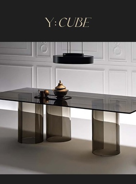 Y:CUBE意大利进口FIAM Luxor透明黑色玻璃长桌圆桌腿办公桌餐桌子