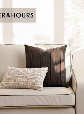 样板间设计师品质诧寂风大黑牛米白灰棕色皮沙发搭配高端抱枕靠包