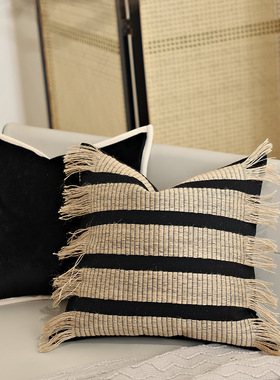 品质设计师款诧寂风格手工麻绳款黑色系搭配客厅沙发卧室抱枕靠垫