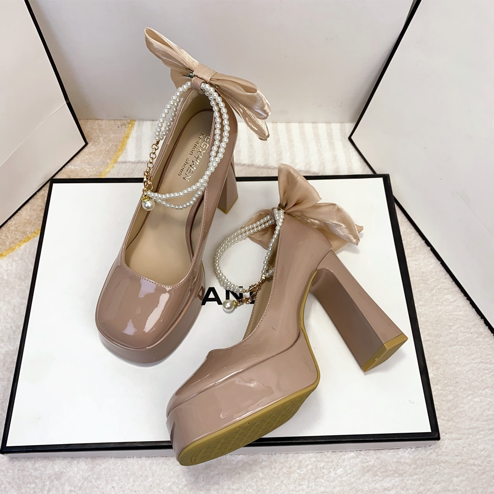 法式珍珠蝴蝶结高跟鞋女粗跟不累脚圆头裸色宴会甜美风防水台单鞋