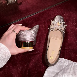 法式水钻粗跟单鞋女浅口内增高3CM亮片不累脚孕妇平底旗袍鞋婚鞋