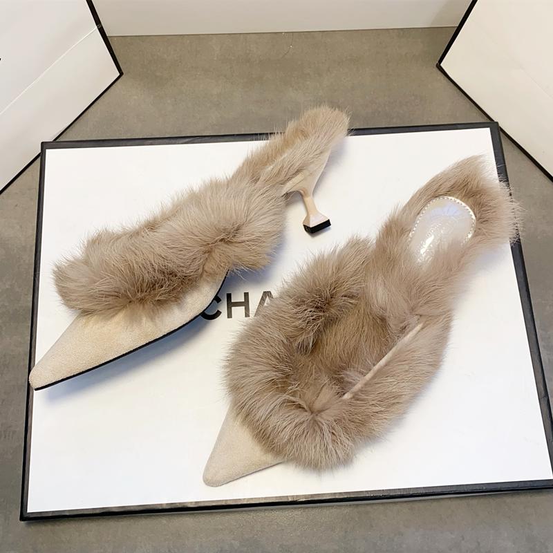 毛毛鞋女秋冬新款尖头包头半拖鞋网红懒人鞋中高跟时尚简约穆勒鞋