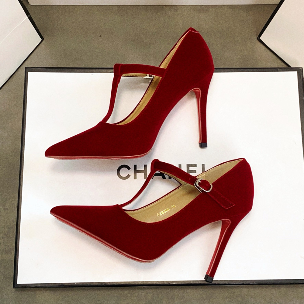 法式丁字带高跟鞋女性感酒红色新娘婚鞋宴会绒面扣带气质细跟单鞋,女鞋,浅口单鞋,淘宝优惠券,粉丝福利购,淘宝优惠卷