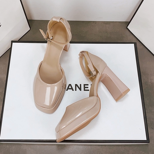 中空单鞋 女粗跟漆皮简约9CM职业OL通勤鞋 方头一字带高跟鞋 法式