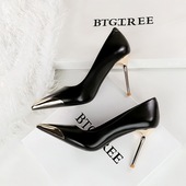 百搭单鞋 欧美风金属尖头高跟鞋 女电镀细跟拼色浅口职业宴会小跟鞋