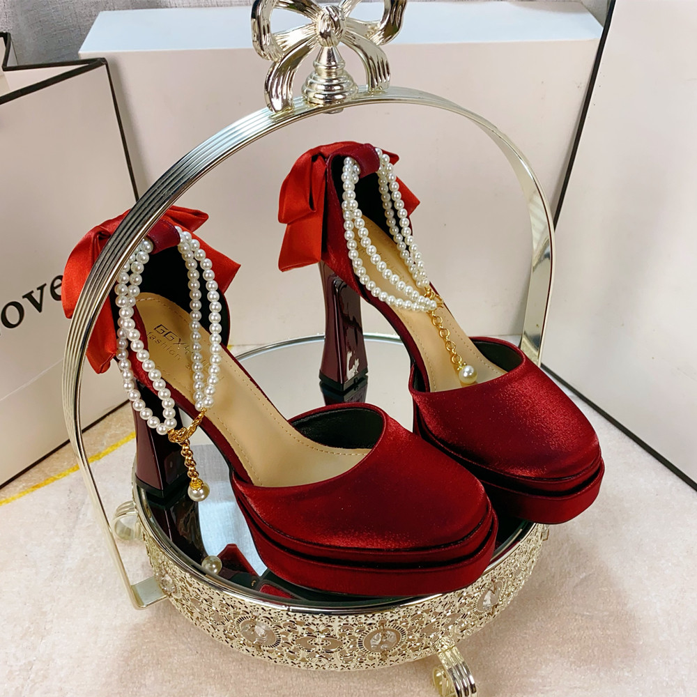 法式防水台宴会婚鞋粗跟圆头绸缎中空厚底珍珠一字带蝴蝶结高跟鞋,女鞋,婚鞋,淘宝优惠券,粉丝福利购,淘宝优惠卷