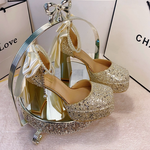 公主风方头玛丽珍鞋女粗跟高跟鞋亮片蝴蝶结珍珠一字扣防水台婚鞋