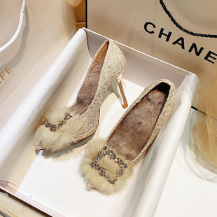 毛毛高跟鞋女水钻口褶皱面细跟单鞋名媛风冬季防水台宴会晚礼服鞋