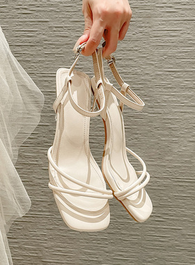 细带白色凉鞋细跟猫跟鞋中低跟露趾镂空百搭简约仙女风单鞋高跟鞋