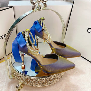 法式尖头绸缎高跟鞋女细跟珍珠链扣带蝴蝶结配旗袍鞋中空宴会婚鞋