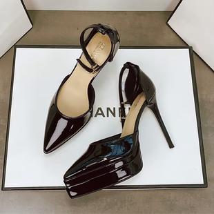 简约亮面漆皮一字带镂空单鞋 女细跟尖头包头凉鞋 防水台高跟鞋 法式