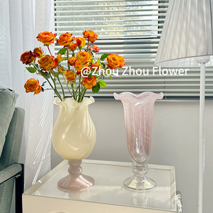 新品 复古高脚铃兰风灯花瓶中古琉璃高级艺术玻璃花器花瓶插花 法式