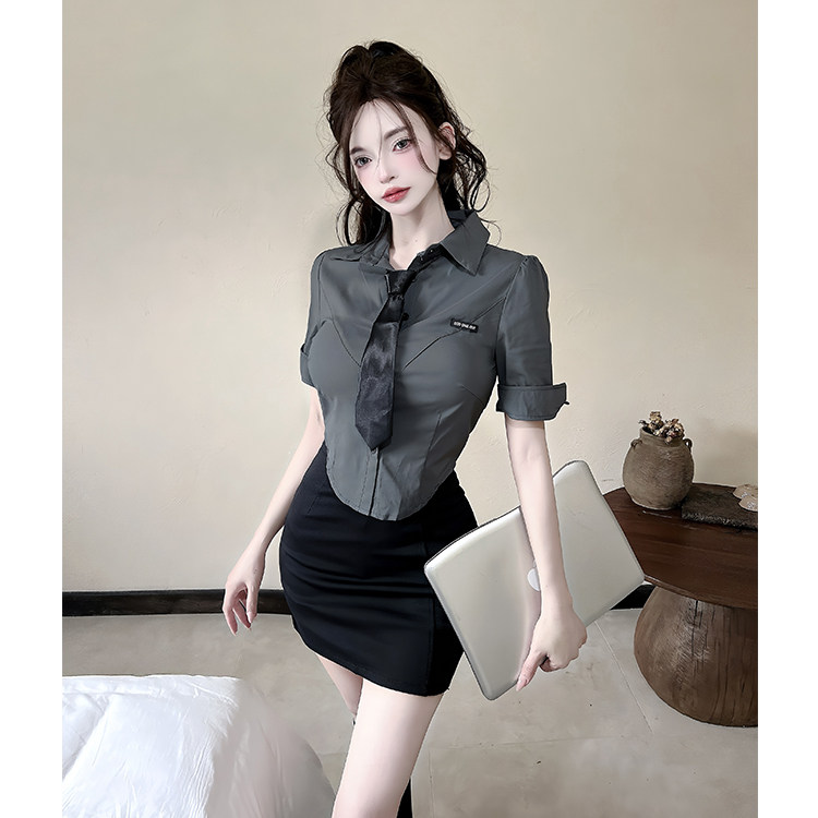 纯欲辣妹修身收腰显瘦灰色短袖衬衫包裙套装前台职业工作服制服