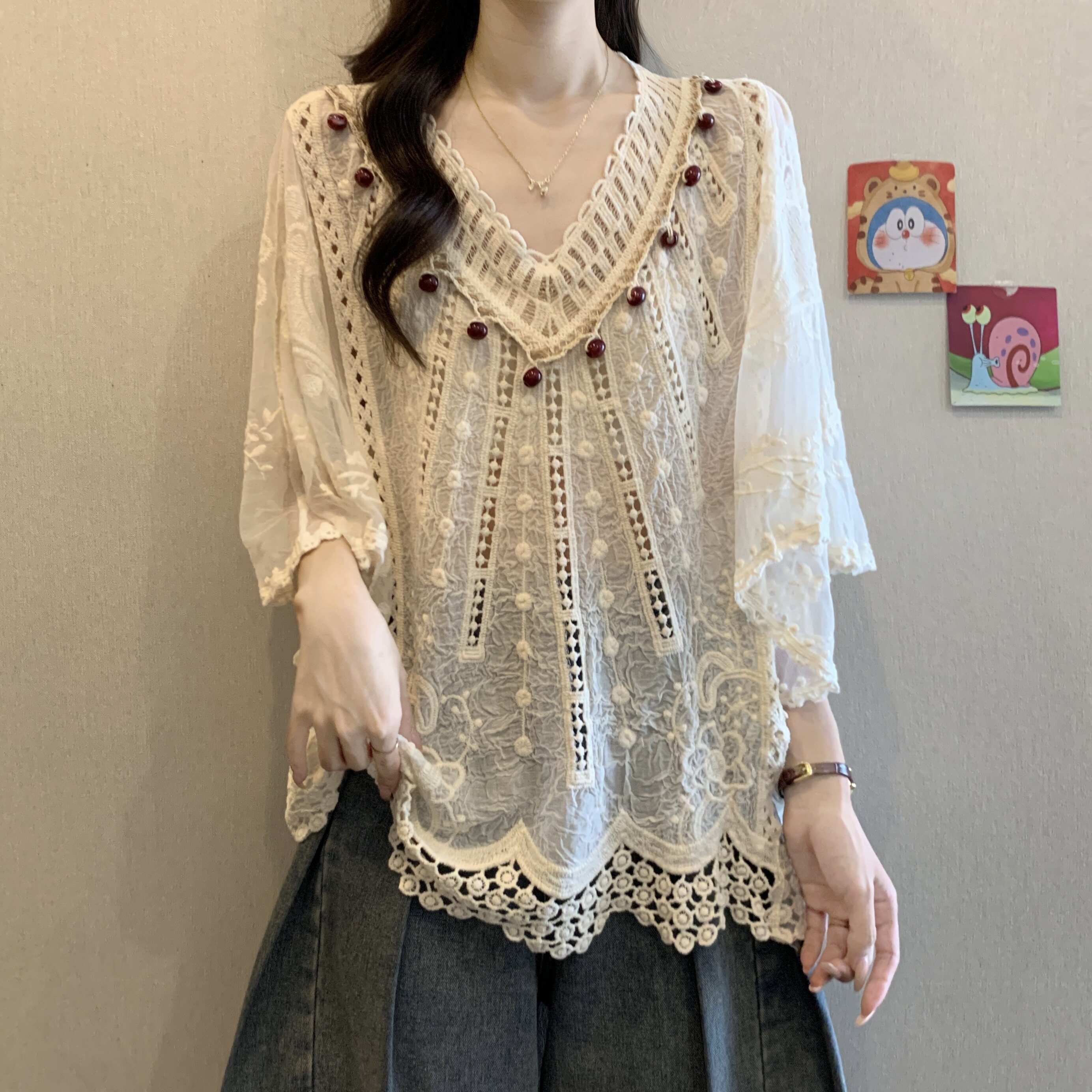 复古钩花镂空蝙蝠袖针织衫女2025夏秋新款胖MM宽松遮肚子蕾丝小衫