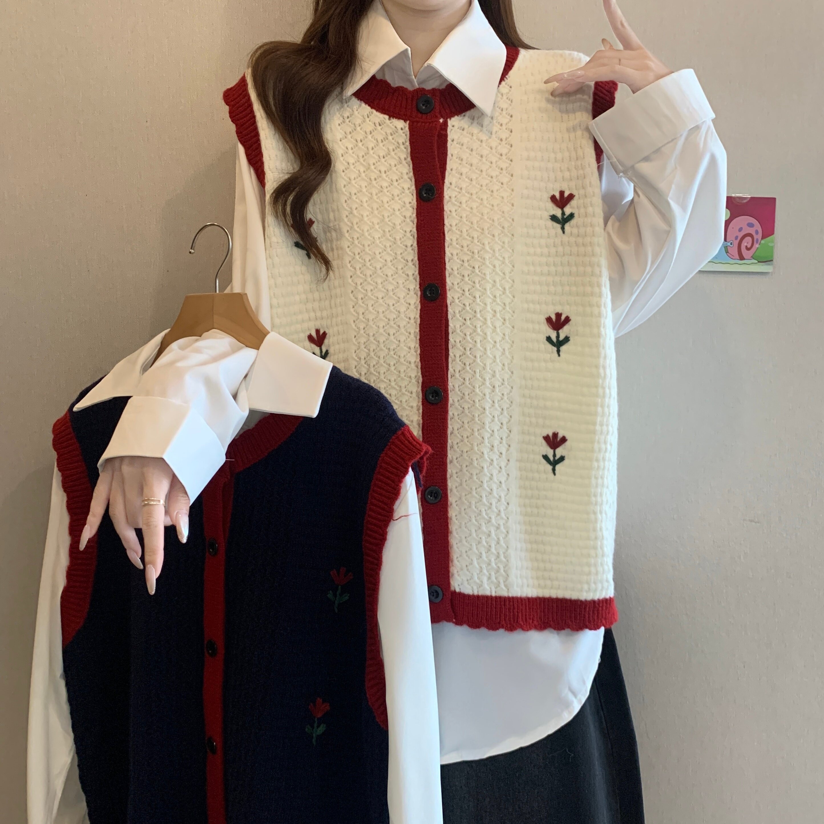 刺绣针织马甲背心女早秋季大码胖T恤