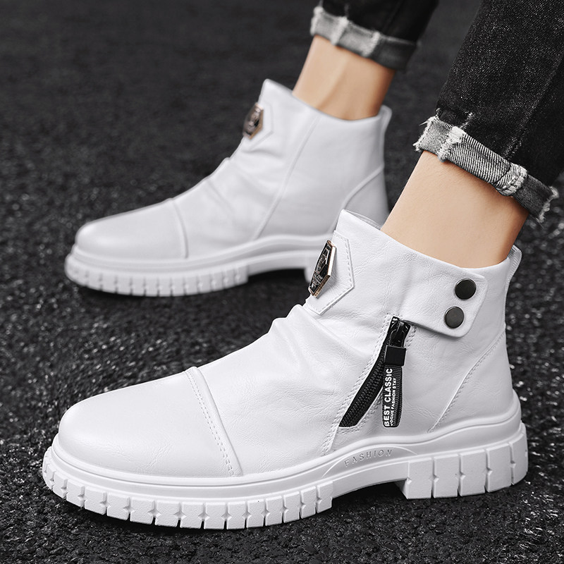 WHITE MARTIN BOOTS MENS WINTER COTTON SHOES MENS HIGH TOP LEATHER SHOES BRITISH CHELSEA BOOTS ZIPPER CARGO BOOTS SPRING AND AUTUMN