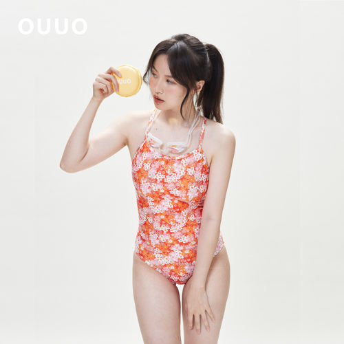 OUUO女士竞技连体泳衣专业运动训练三角抗氯泳装遮肚显瘦春日雏菊