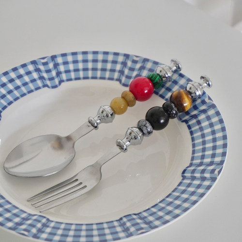 复古彩色串珠刀叉餐具不锈钢黄油刀西餐叉水果叉创意可爱家用精致