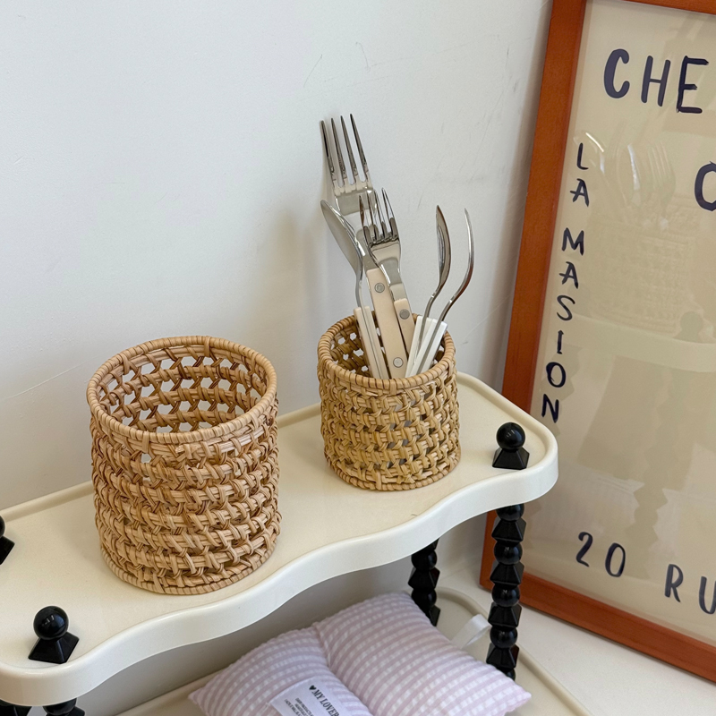 ins复古藤编化妆刷收纳筒竹编笔筒高颜值桌面梳子眉笔整理收纳桶