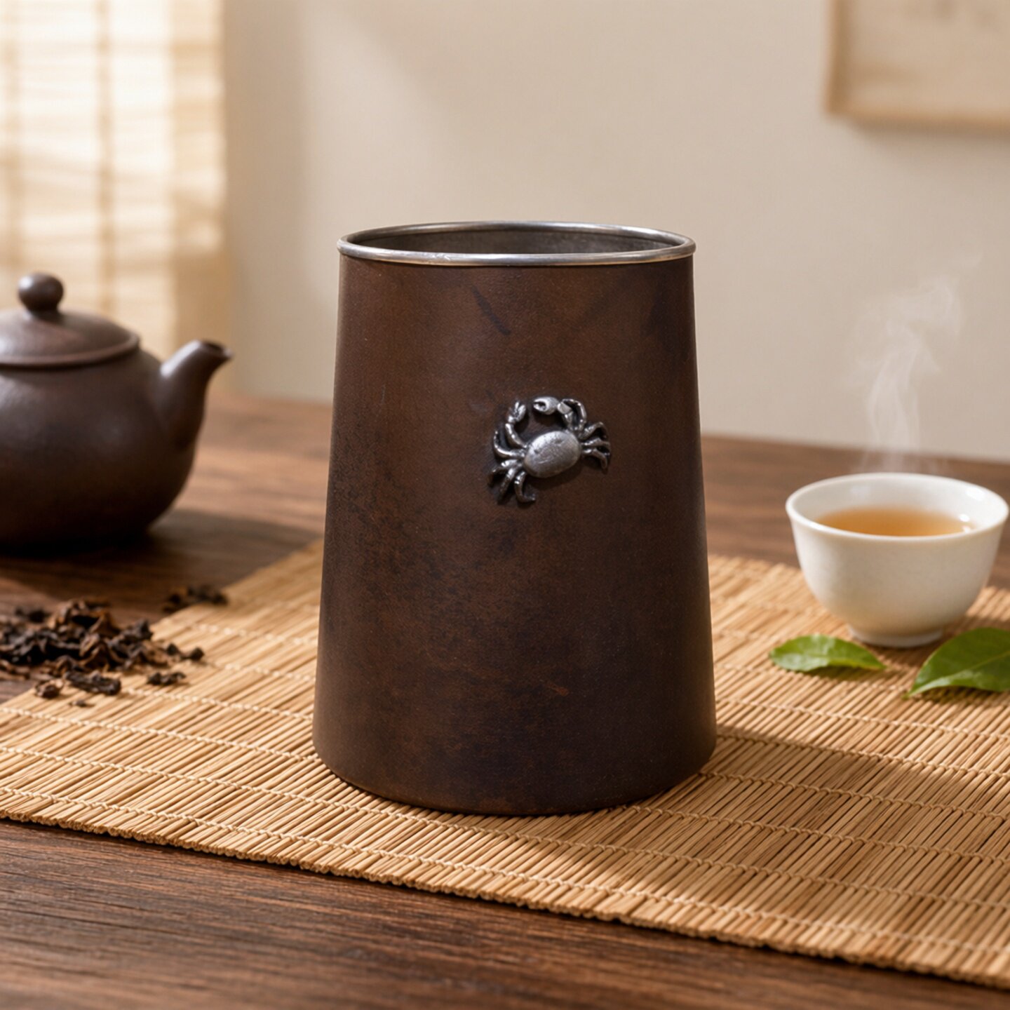 日式复古笔筒茶道配件菊花装饰茶杯套铜钉工艺咖啡色美学