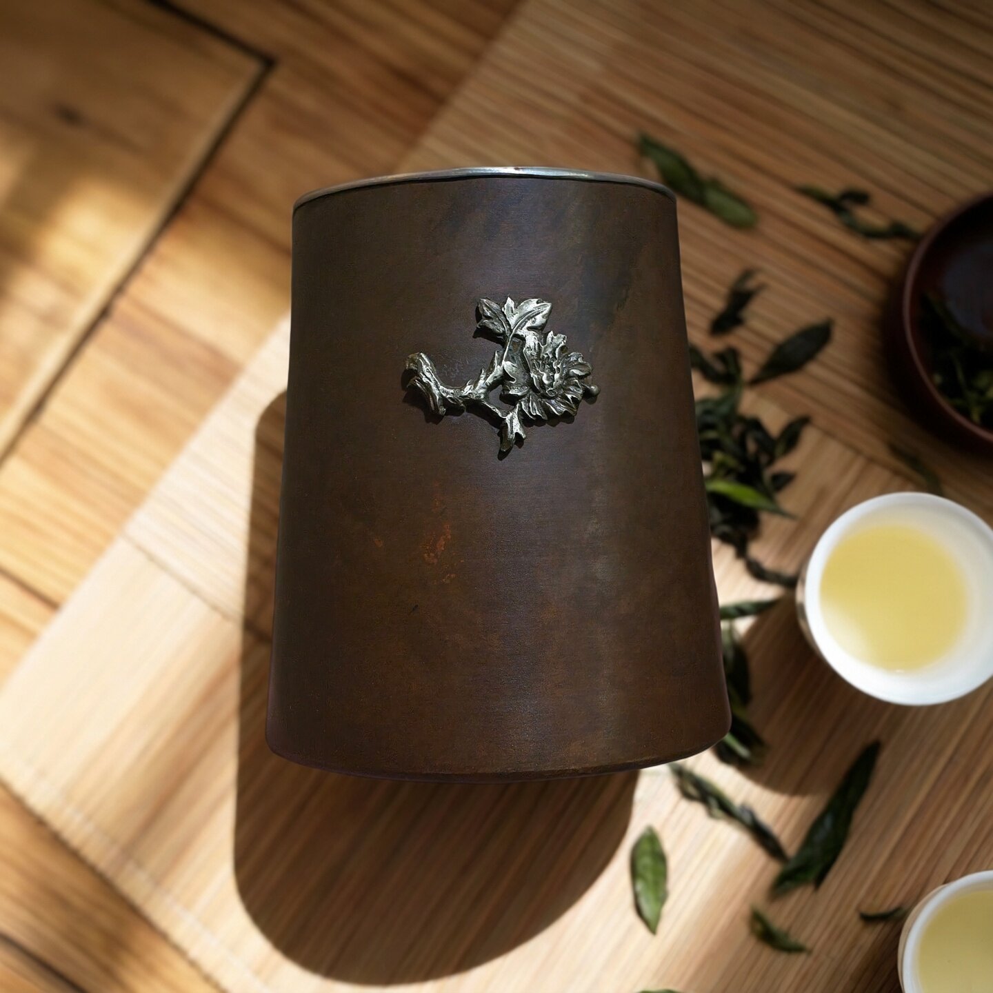 日式复古笔筒菊花铜钉茶道配件