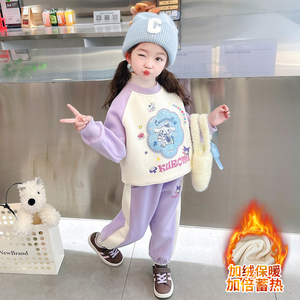 女宝宝加绒卫衣套装冬款2023新款洋气中小童加厚休闲裤纯棉两件套