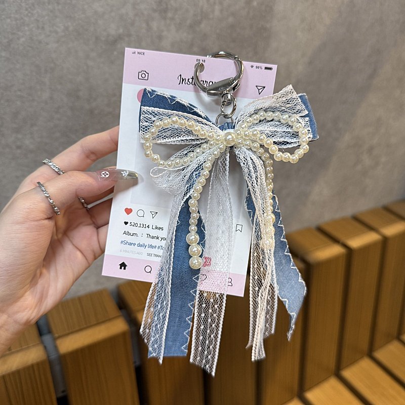 ins少女蕾丝珍珠蝴蝶结蓝丝带包挂件个性创意新款钥匙扣挂链甜美
