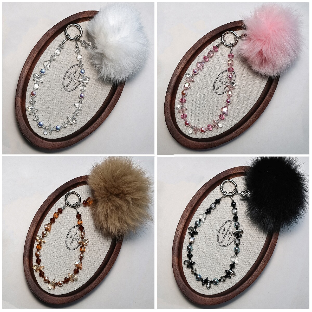 秋冬棕色狐狸毛球水晶串珠手提链手腕短挂绳手机钥匙包包防丢挂件