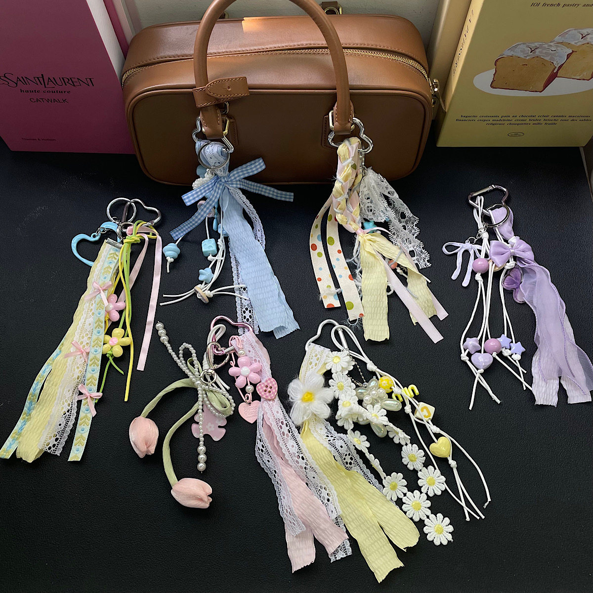 蕾丝蝴蝶结丝带小众个性车钥匙扣包包挂件miu系情侣编织挂绳包挂