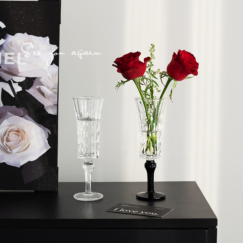 小众复古ins风钻石玻璃香槟高脚杯红酒杯高级感轻奢简约水培花瓶