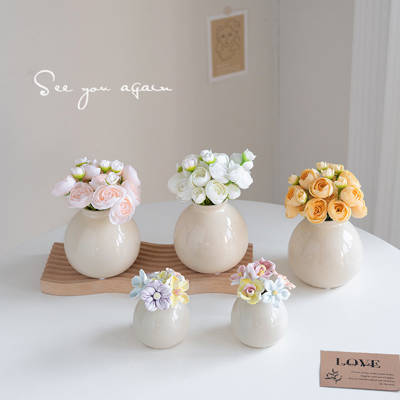 高级感陶瓷迷你小花瓶网红奶油风法式客厅插花仿真花装饰桌面摆件