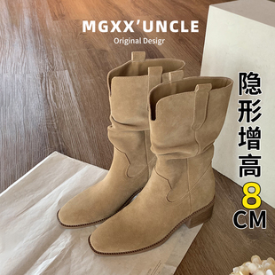 真皮版 西部褶皱短靴女堆堆靴复古英伦风小个子内增高中筒马丁靴