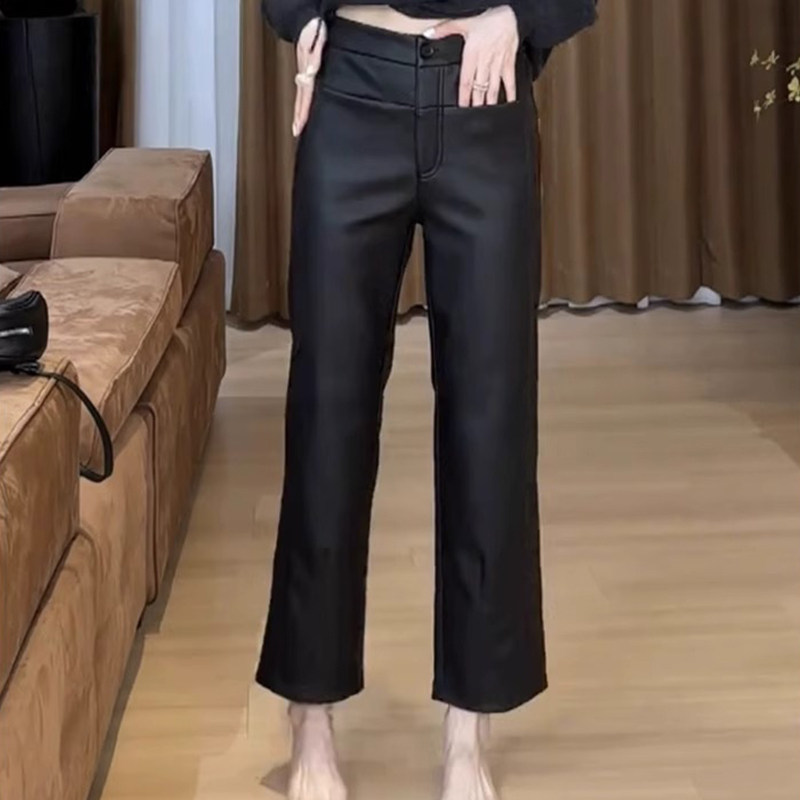 加绒直筒绵羊皮皮裤女2024冬季新款小个子显瘦修身九分高腰休闲裤,女装/女士精品,休闲裤,淘宝优惠券,粉丝福利购,淘宝优惠卷